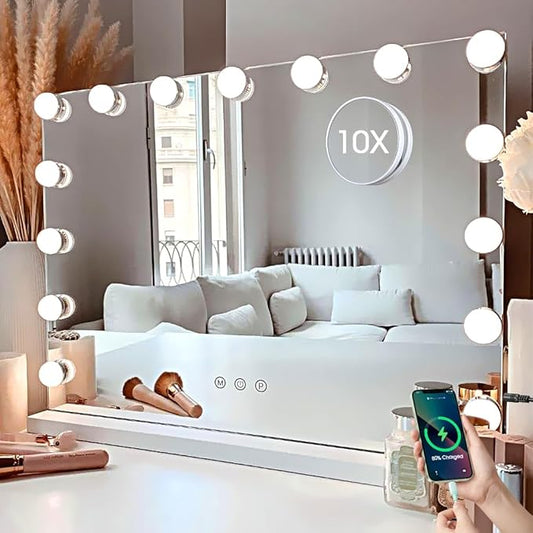 Kottova Vanity Mirror with Lights,23×18" Makeup Mirror,Hollywood Mirror with 15 LED,3 Color Modes & Detachable 10X Magnification Mirror,Slim Metal Frame Design,Smart Touch Control,Plug in