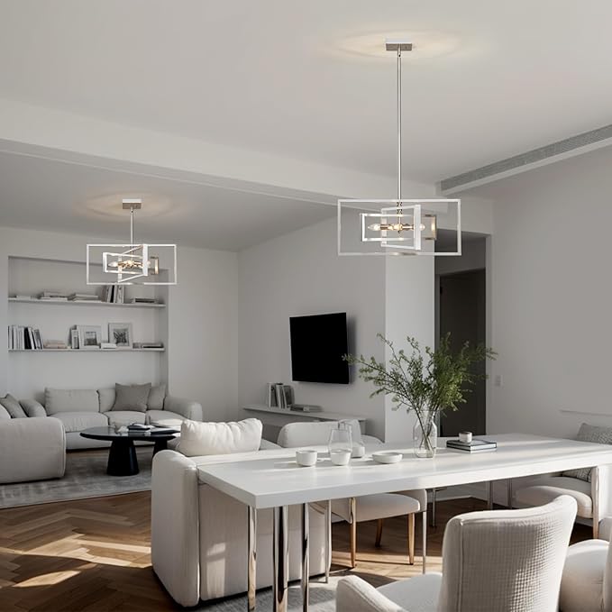 Industrial Chandelier, 5-Light Modern Geometric Ceiling Light Fixture, 22" Adjustable Height Pendant Lighting for Living Room Foyer Entryway Dining Room Brushed Nickel