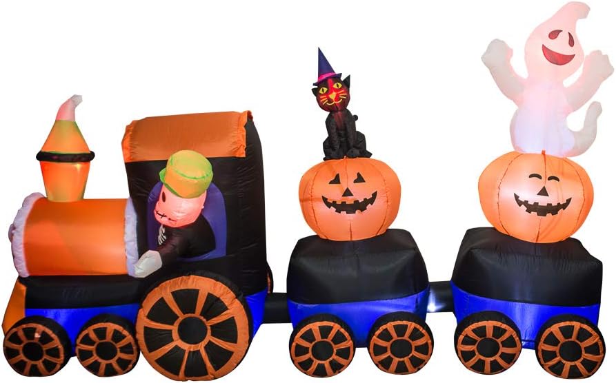 AJY 9 Feet Halloween Inflatable Train with Kittens White Ghosts/Pumpkin with LED Lights Blow up Lighted Yard Decor Giant Lawn Halloween Inflatable Home Garden Party Favor Decoration