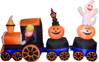 AJY 9 Feet Halloween Inflatable Train with Kittens White Ghosts/Pumpkin with LED Lights Blow up Lighted Yard Decor Giant Lawn Halloween Inflatable Home Garden Party Favor Decoration
