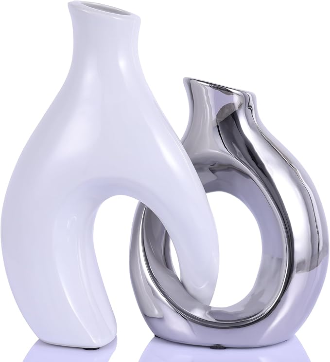 Ceramic Decorative Vases 2 Piece Set, Bohemian Style Openwork White and Silver Decorative Vases, Home Decor Aesthetics for Kitchen Cabinets, Office, Bedroom, Dresser, Entryway Table Decor.