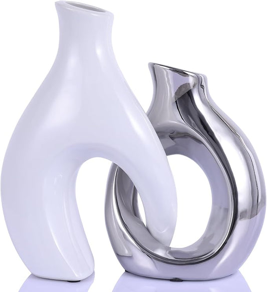 Ceramic Decorative Vases 2 Piece Set, Bohemian Style Openwork White and Silver Decorative Vases, Home Decor Aesthetics for Kitchen Cabinets, Office, Bedroom, Dresser, Entryway Table Decor.