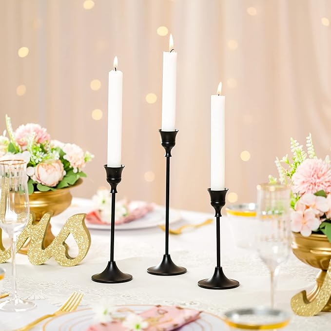 Nuptio Black Candle Holder Candlestick Holders Candle Sticks Holder Tapered Candle Holder, Taper Candle Holders for Wedding Christmas Party Mantel Dinner Home Decoration 2 Sets(6 Pcs)