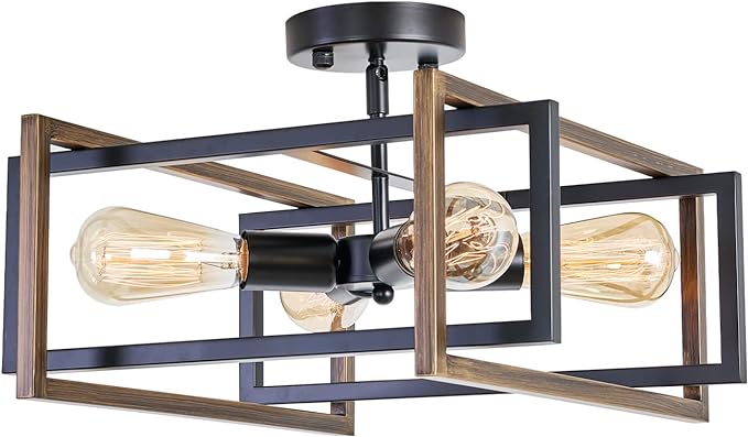 Industrial Flush Mount Ceiling Light Fixture, 4-Light Modern Metal Square Farmhouse Black Retro Close to Ceiling Lights Sloped Chandelier Lighting for Bedroom Hallway Living Room Kitchen Foyer