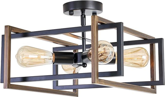 Industrial Flush Mount Ceiling Light Fixture, 4-Light Modern Metal Square Farmhouse Black Retro Close to Ceiling Lights Sloped Chandelier Lighting for Bedroom Hallway Living Room Kitchen Foyer