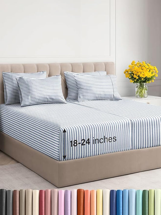 Extra Deep Split King Sheet Set - 7 Piece Breathable & Cooling Sheets - Hotel Luxury Bed Sheets Set - Easy Fit - Soft, Wrinkle Free & Comfy Sheets Set - Blue Striped Sheet Set w/Extra Deep Pockets