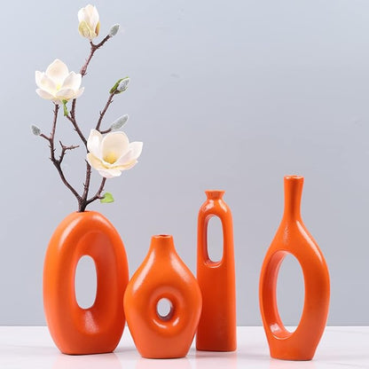 Orange Ceramic Vase Set of 4, Home Decor Circle Hollow Vases for Pampas Grass, Modern Decorative Flowers for Living Room, Office, Mantel, Entryway, Table Centerpieces
