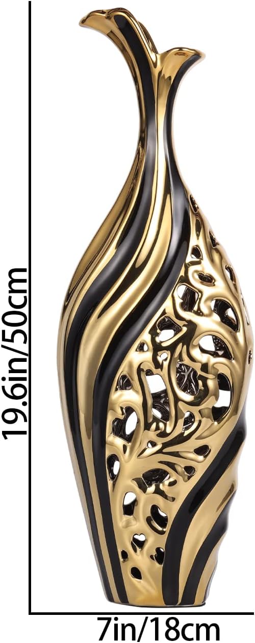 19 Inch Tall Floor Vase, Black and Gold Ceramic Vase, Pottery Decorative Vase, Unique Pampas Grass Vase for Living Room Floor, Home Office, Porch Home Centerpieces Decorative Large Vase