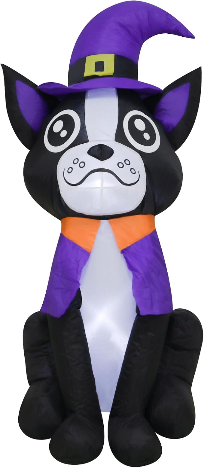 4FT Halloween Inflatable Decor Dog Purple Hat Halloween Blow Up Decoration with LED Lights Indoor Outdoor Yard Graden Party Holiday Decor