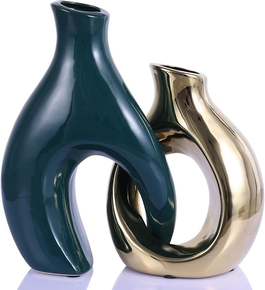 Ceramic Decorative Vases 2 Piece Set, Bohemian Style Openwork Green and Gold Decorative Vases, Home Decor Aesthetics for Kitchen Cabinets, Office, Bedroom, Dresser, Entryway Table Decor.
