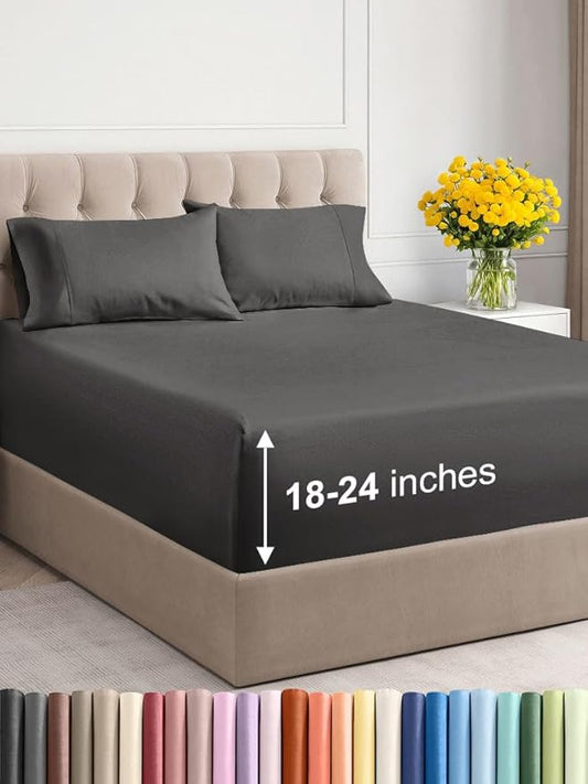Extra Deep Twin Sheet Set - 4 Piece Breathable & Cooling Sheets - Hotel Luxury Bed Sheets Set - Easy & Secure Fit - Soft, Wrinkle Free & Comfy Sheets Set - Charcoal Sheet Set with Extra Deep Pockets