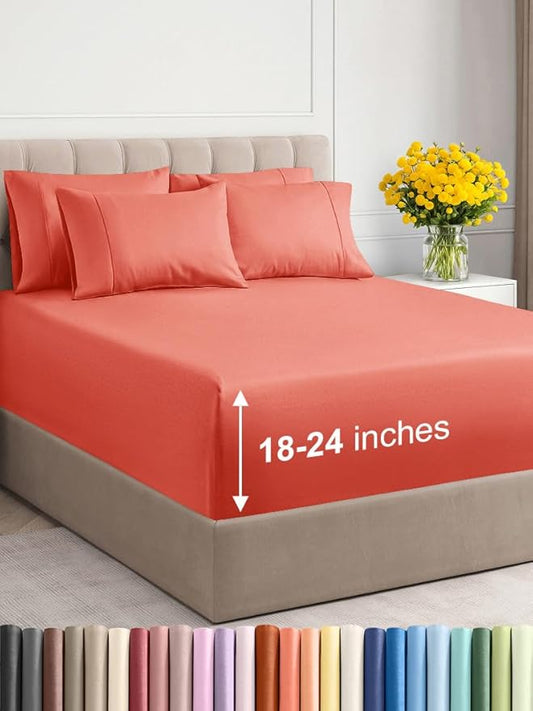 Extra Deep Full Sheet Set - 6 Piece Breathable and Cooling Sheets - Hotel Luxury Bed Sheets Set - Easy & Secure Fit - Soft, Wrinkle Free and Comfy Sheets Set - Coral Sheet Set with Extra Deep Pockets