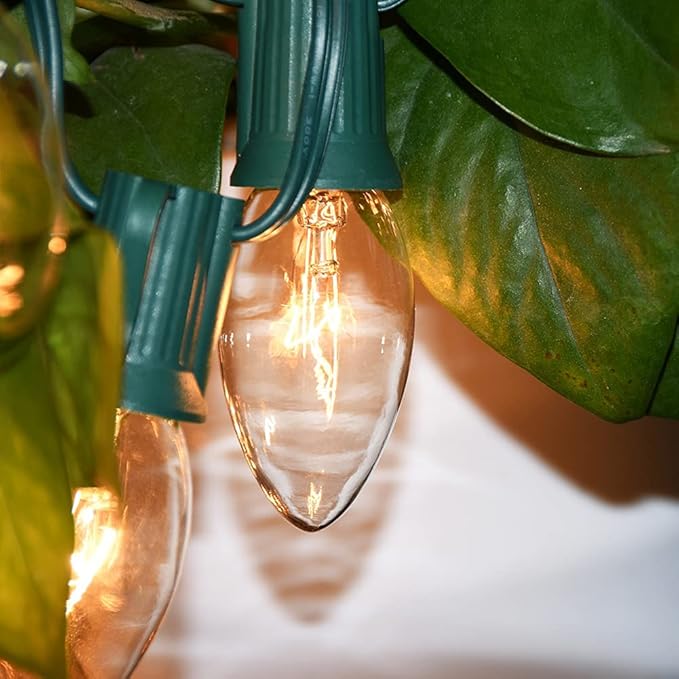 25 Pack C9 Clear Incandescent Bulbs, C9 Christmas Light Bulbs Replacement Light Bulb, 7 Watt Night Light Bulbs C9/E17 Intermediate Base, Candle Light Bulb