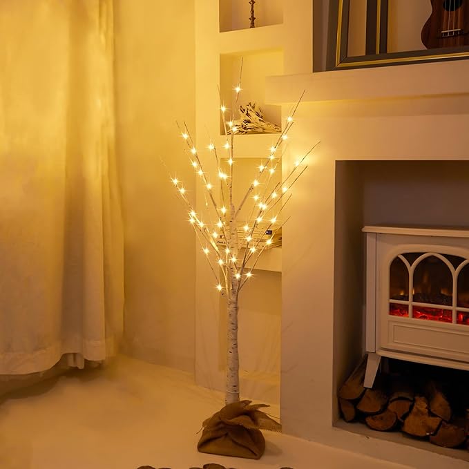Lighted Brich Tree, 4FT 56 LED Christmas Tree with Burlap Decor, Warm White, IP44 Waterproof, Power Supply by Adaptor, Fireplace Party Wedding Halloween Christmas New Year Decoration
