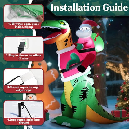 GARIG 9FT Christmas Inflatables Dinosaur and Santa Claus Outdoor Decorations, Christmas Blow Up Yard Decorations with Built-in LEDs for Xmax Outdoor Party, Yard, Garden