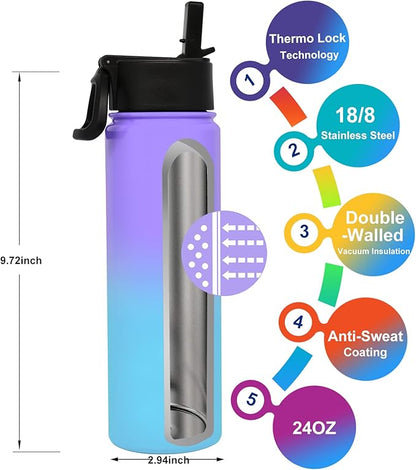 24 Oz Water Bottle, Sports Water Bottle with Straw Lid, Vacuum-Insulated Stainless-Steel, Double-walled Thermos Water Bottle for Hiking Biking (24 OZ, Purple Blue)