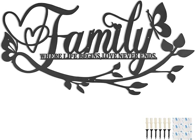 Family Where Life Begins Love Never Ends Word Sign Metal Wall Decor, 27x14in Large Black Iron Wall Art Plaque Decorations, Letters Quotes Wall Hanging Décor for Living Room Bedroom