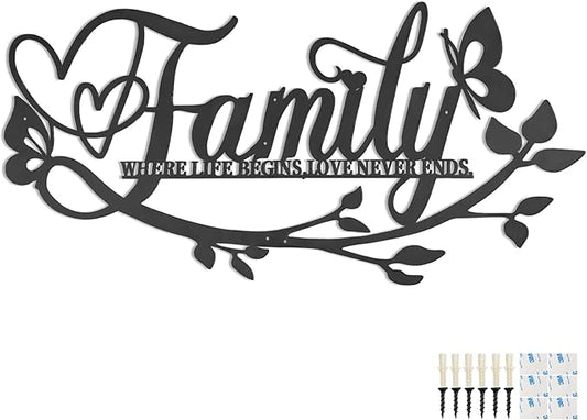 Family Where Life Begins Love Never Ends Word Sign Metal Wall Decor, 27x14in Large Black Iron Wall Art Plaque Decorations, Letters Quotes Wall Hanging Décor for Living Room Bedroom
