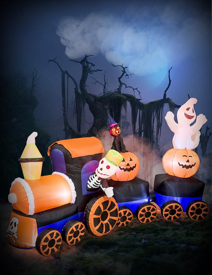 AJY 9 Feet Halloween Inflatable Train with Kittens White Ghosts/Pumpkin with LED Lights Blow up Lighted Yard Decor Giant Lawn Halloween Inflatable Home Garden Party Favor Decoration