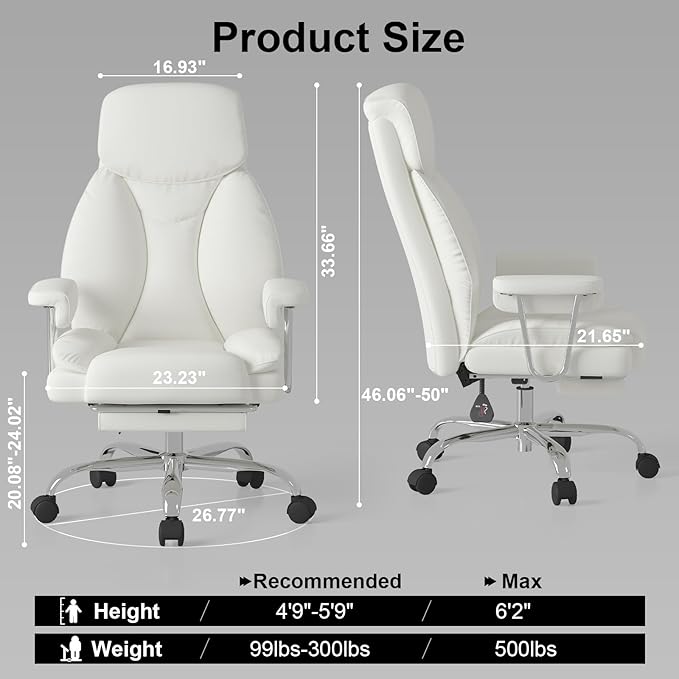 Big and Tall Office Chair, Ergonomic Leather High Back Executive Computer Desk Chair with Retractable Footrest and Padded Arms, 360°Swivel Free, 90-135°Reclining, 500lbs Wide Seat, White