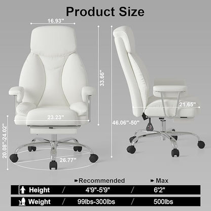 Big and Tall Office Chair, Ergonomic Leather High Back Executive Computer Desk Chair with Retractable Footrest and Padded Arms, 360°Swivel Free, 90-135°Reclining, 500lbs Wide Seat, White