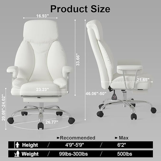 Big and Tall Office Chair, Ergonomic Leather High Back Executive Computer Desk Chair with Retractable Footrest and Padded Arms, 360°Swivel Free, 90-135°Reclining, 500lbs Wide Seat, White