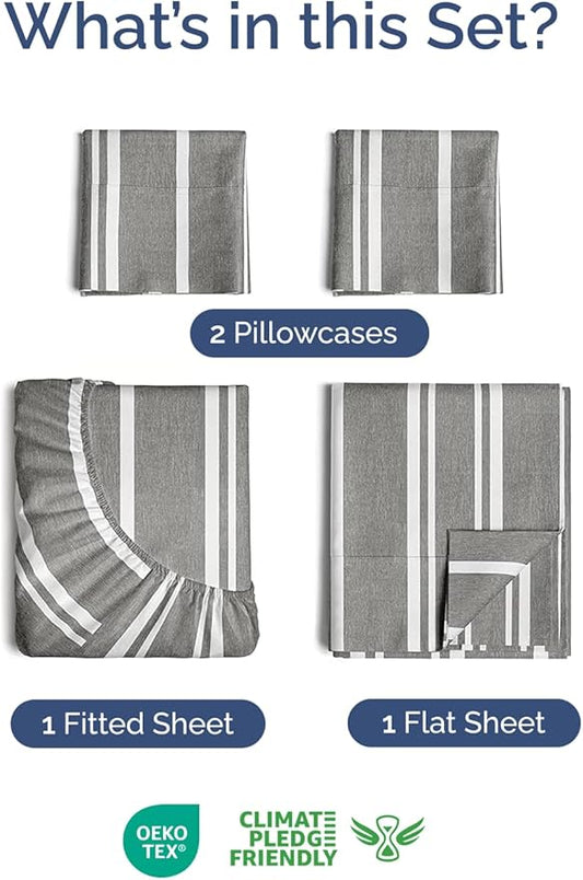 Extra Deep Twin XL Sheet Set - 4 Piece Breathable and Cooling Sheets - Hotel Luxury Bed Sheets Set - Easy Fit - Soft, Wrinkle Free and Comfy Sheets Set - Grey Striped Sheet Set with Extra Deep Pockets