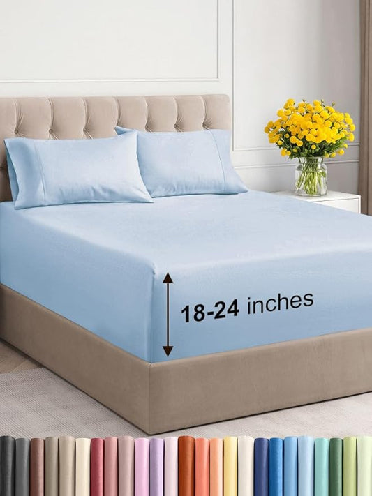 Extra Deep Twin Sheet Set - 4 Piece Breathable & Cooling Sheets - Hotel Luxury Bed Sheets Set - Easy & Secure Fit - Soft, Wrinkle Free & Comfy Sheets Set - Sky Blue Sheet Set with Extra Deep Pockets
