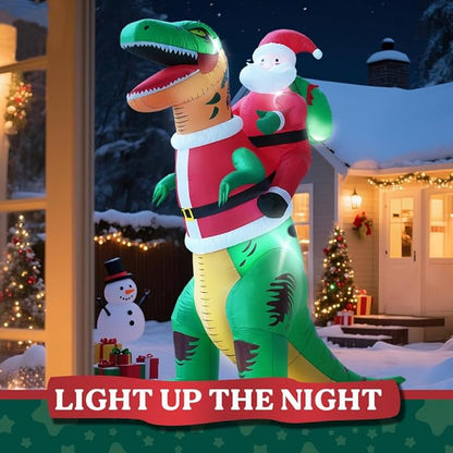 GARIG 9FT Christmas Inflatables Dinosaur and Santa Claus Outdoor Decorations, Christmas Blow Up Yard Decorations with Built-in LEDs for Xmax Outdoor Party, Yard, Garden