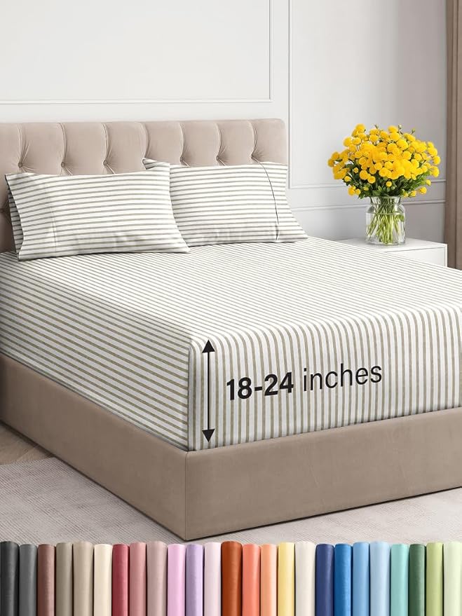 Extra Deep Twin XL Sheet Set - 4 Piece Breathable & Cooling Sheets - Hotel Luxury Bed Sheets Set - Easy Fit - Soft, Wrinkle Free & Comfy Sheets Set - Beige Striped Sheet Set with Extra Deep Pockets