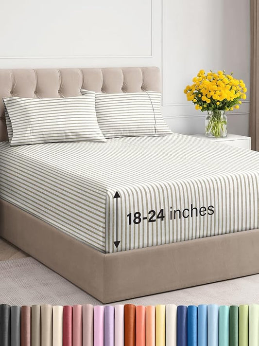 Extra Deep Twin XL Sheet Set - 4 Piece Breathable & Cooling Sheets - Hotel Luxury Bed Sheets Set - Easy Fit - Soft, Wrinkle Free & Comfy Sheets Set - Beige Striped Sheet Set with Extra Deep Pockets