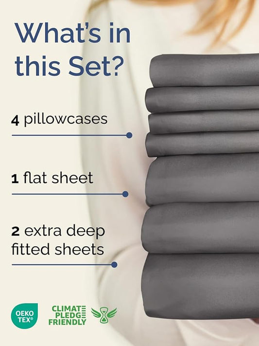 Extra Deep Split King Sheet Set - 7 Piece Breathable and Cooling Sheets - Hotel Luxury Bed Sheets Set - Easy Fit - Soft, Wrinkle Free and Comfy Sheets Set - Dark Grey Sheet Set with Extra Deep Pockets
