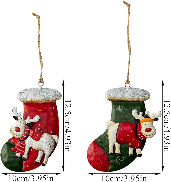 Metal Christmas Tree Ornaments 6-Pack Xmas Hanging Ornaments Santa Snowman Christmas Stocking Sleigh Ornaments for Christmas Tree Holiday Decorations, Outdoor Holiday Home Decorations