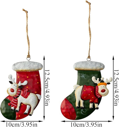 Metal Christmas Tree Ornaments 6-Pack Xmas Hanging Ornaments Santa Snowman Christmas Stocking Sleigh Ornaments for Christmas Tree Holiday Decorations, Outdoor Holiday Home Decorations