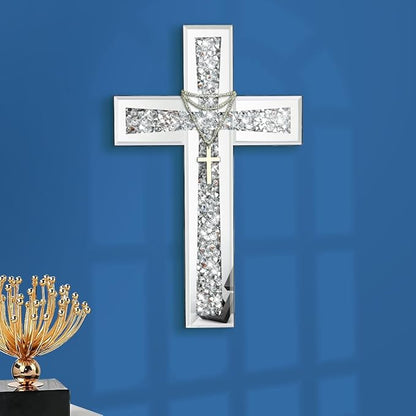 Aeveco Silver Mirrored Wall Cross 15×10 inch, Crystal Crush Diamond Cross for Wall, Living Room, Bedroom, Home Decor