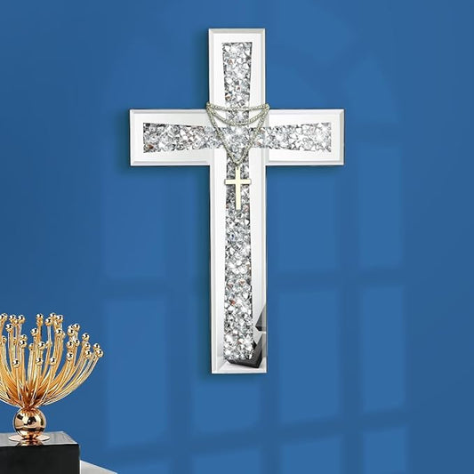 Aeveco Silver Mirrored Wall Cross 15×10 inch, Crystal Crush Diamond Cross for Wall, Living Room, Bedroom, Home Decor