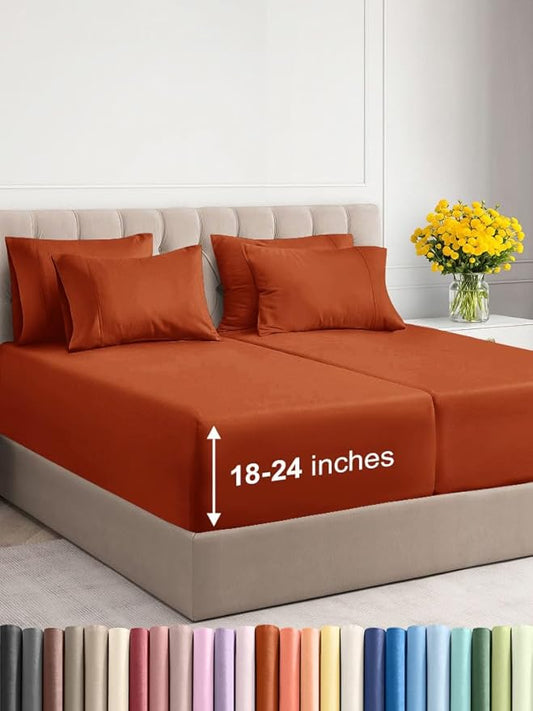Extra Deep Split King Sheet Set - 7 Piece Breathable & Cooling Sheets - Hotel Luxury Bed Sheets Set - Easy Fit - Soft, Wrinkle Free & Comfy Sheets Set - Terracotta Sheet Set with Extra Deep Pockets