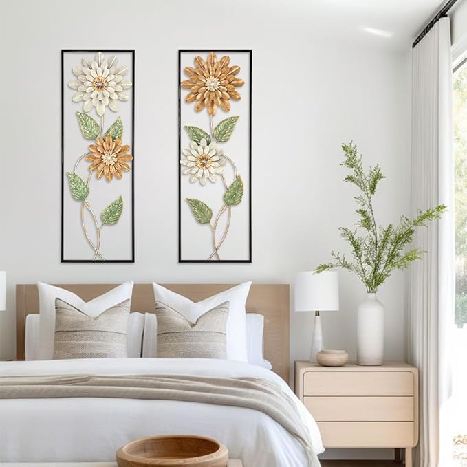 Metal Wall Art, Set of 2 Large Mordern Rectangular Wall Panels, Abstract Minimalist Flower Wall Décor for Living Room, Bedroom, Kitchen, Hallway Decoration