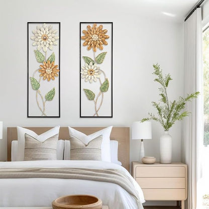 Metal Wall Art, Set of 2 Large Mordern Rectangular Wall Panels, Abstract Minimalist Flower Wall Décor for Living Room, Bedroom, Kitchen, Hallway Decoration