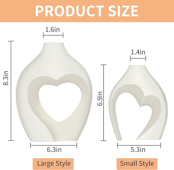 White Vases for Decor, Heart Shaped Ceramic Vase Set of 2, Nordic Modern Heart Vases, Minimalist Decorative Vase for Table Centerpiece Wedding Living Room House Decoration