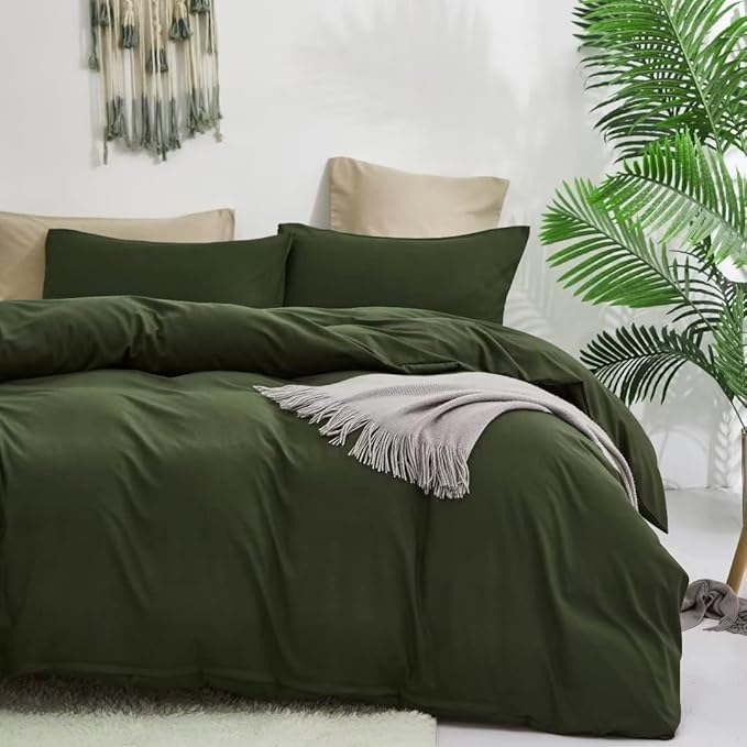 Wellboo Army Green Comforter Sets California King Solid Olive Green Boho Bedding Comforters Cal King Cotton Soft Cozy Dark Green Women Men Quilts Plain Army Green Modern Hunter Green Blankets Durable