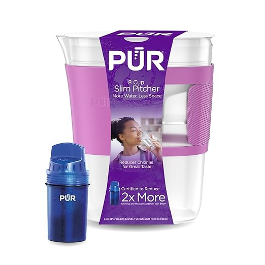 PUR Water Filter Pitcher Slim Design 8 Cup Capacity with 1 Filter, Dishwasher Safe, Faster Filtration, Water Purifier for Cleaner, Great Tasting Water, Ideal for Compact Space, Dorm Room, Violet