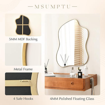 Irregular Wall Mirror Gold Wave Shaped Matel Framed Wall Mirror for Bathroom Bedroom Entryway Living Room Wall Decor 28" L x 20" W 2304Gold