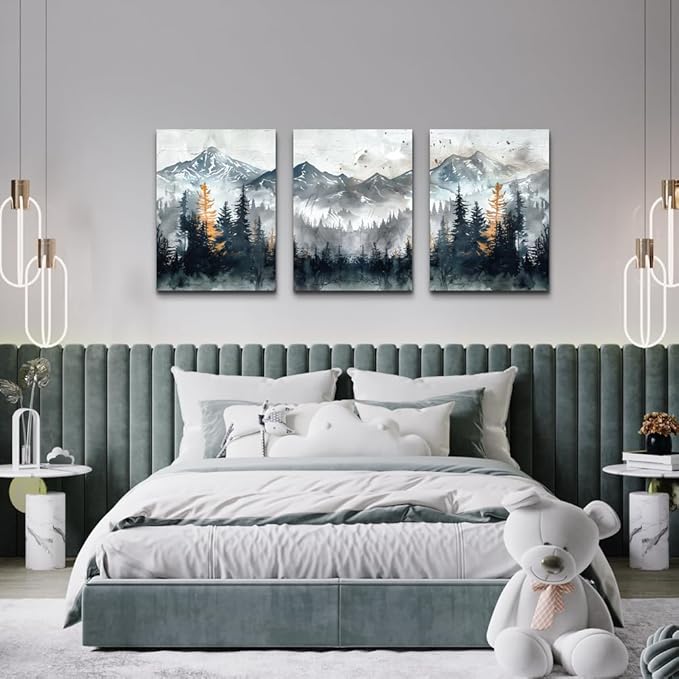 DZRWUBHS Canvas Wall Art Prints Modern Wall Decor for Bedroom Wall Art Living Room Office Poster Mountain Landscape Pictures Foggy Forest Vintage Paintings Artwork Home Decor Ready To Hang 3 Piece