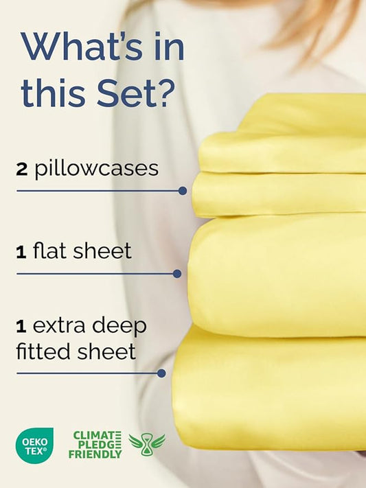 Extra Deep Twin XL Sheet Set - 4 Piece Breathable & Cooling Sheets - Hotel Luxury Bed Sheets Set - Easy & Secure Fit - Soft, Wrinkle Free & Comfy Sheets Set - Yellow Sheet Set with Extra Deep Pockets