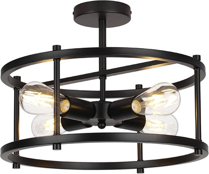 16" Semi Flush Mount 4-Light Industrial Ceiling Light, Black Chandelier for Kitchen, Dining Room, Entryway, Bedroom, Living Room