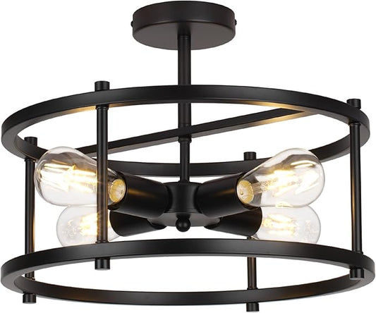 16" Semi Flush Mount 4-Light Industrial Ceiling Light, Black Chandelier for Kitchen, Dining Room, Entryway, Bedroom, Living Room