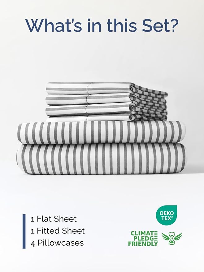 Extra Deep Cal King Sheet Set - 6 Piece Breathable & Cooling Sheets - Hotel Luxury Bed Sheets Set - Easy Fit - Soft, Wrinkle Free & Comfy Sheets Set - Grey Striped Sheet Set with Extra Deep Pockets
