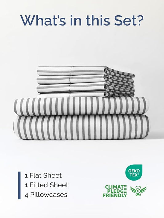 Extra Deep Cal King Sheet Set - 6 Piece Breathable & Cooling Sheets - Hotel Luxury Bed Sheets Set - Easy Fit - Soft, Wrinkle Free & Comfy Sheets Set - Grey Striped Sheet Set with Extra Deep Pockets