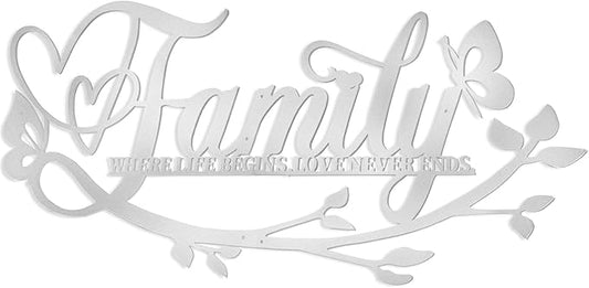 Family Where Life Begins Love Never Ends Word Sign Metal Wall Decor, Silver Home Decor Wall Art Decorations, Letters Quotes Sign for Living Room Bedroom Kitchen Indoor Outdoor Decor(28 x 13in)